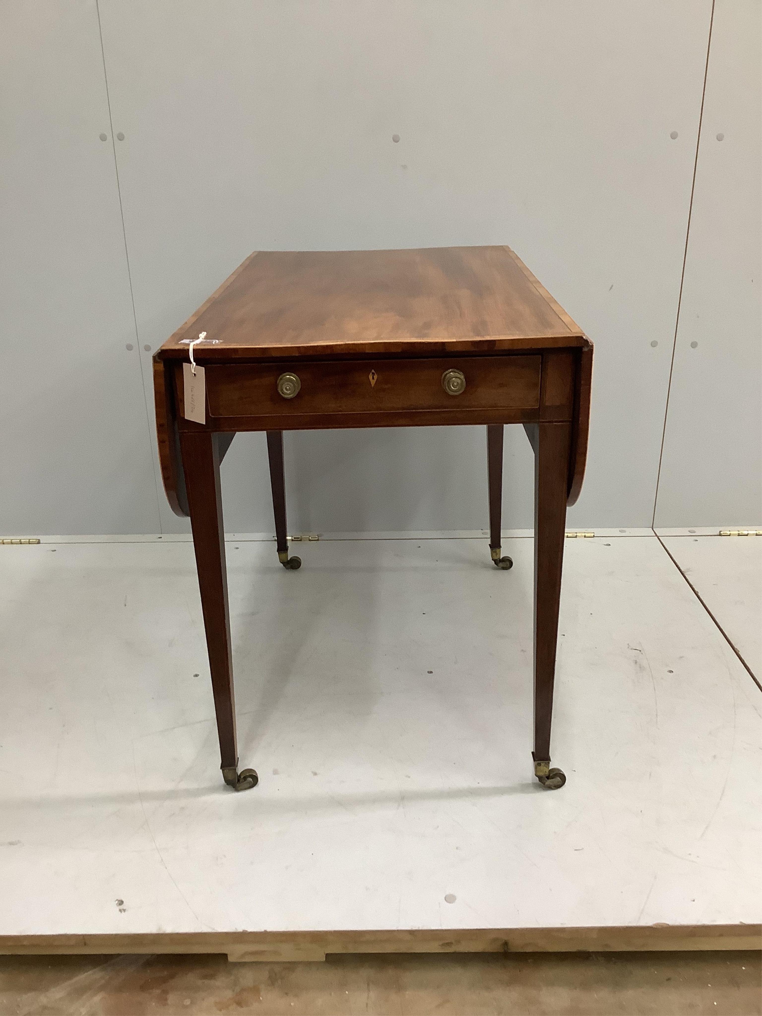 A George III satinwood banded mahogany Pembroke table, width 81cm, depth 52cm, height 70cm. Condition - fair